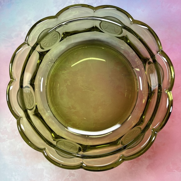 OLIVE FOSTORIA COIN GLASS CANDY DISH WITH LID 6 1/4" X 2" - Picture 2 of 9